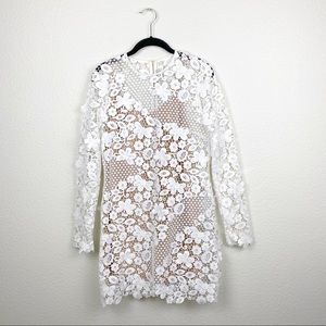 Self Portrait 3D Floral Lace Mini Dress Sheer Bridal Wedding White 8 Long Sleeve